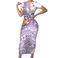 Hawaiian and Japanese Culture Together Short Sleeve Bodycon Dress Tropical Honu with Japanese Elements Purple Color