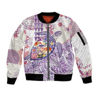Hawaiian and Japanese Culture Together Sleeve Zip Bomber Jacket Tropical Honu with Japanese Elements Purple Color