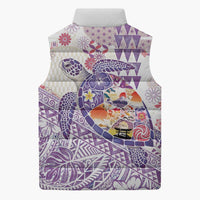 Hawaiian and Japanese Culture Together Sleeveless Puffer Jacket Tropical Honu with Japanese Elements Purple Color