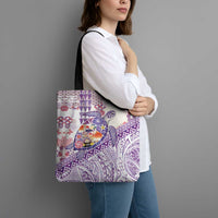 Hawaiian and Japanese Culture Together Tote Bag Tropical Honu with Japanese Elements Purple Color