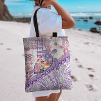 Hawaiian and Japanese Culture Together Tote Bag Tropical Honu with Japanese Elements Purple Color