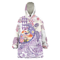 Hawaiian and Japanese Culture Together Wearable Blanket Hoodie Tropical Honu with Japanese Elements Purple Color
