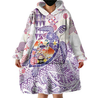 Hawaiian and Japanese Culture Together Wearable Blanket Hoodie Tropical Honu with Japanese Elements Purple Color