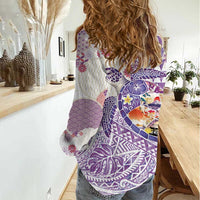 Hawaiian and Japanese Culture Together Women Casual Shirt Tropical Honu with Japanese Elements Purple Color
