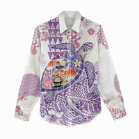 Hawaiian and Japanese Culture Together Women Casual Shirt Tropical Honu with Japanese Elements Purple Color