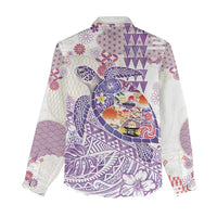 Hawaiian and Japanese Culture Together Women Casual Shirt Tropical Honu with Japanese Elements Purple Color