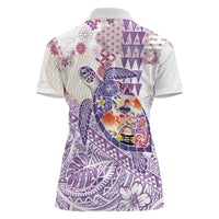 Hawaiian and Japanese Culture Together Women Polo Shirt Tropical Honu with Japanese Elements Purple Color