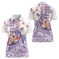 Hawaiian and Japanese Culture Together Women Polo Shirt Tropical Honu with Japanese Elements Purple Color