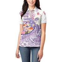 Hawaiian and Japanese Culture Together Women Polo Shirt Tropical Honu with Japanese Elements Purple Color