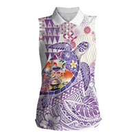 Hawaiian and Japanese Culture Together Women Sleeveless Polo Shirt Tropical Honu with Japanese Elements Purple Color