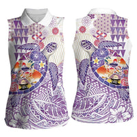 Hawaiian and Japanese Culture Together Women Sleeveless Polo Shirt Tropical Honu with Japanese Elements Purple Color