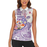 Hawaiian and Japanese Culture Together Women Sleeveless Polo Shirt Tropical Honu with Japanese Elements Purple Color