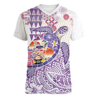 Hawaiian and Japanese Culture Together Women V-Neck T-Shirt Tropical Honu with Japanese Elements Purple Color