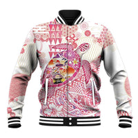 Hawaiian and Japanese Culture Together Baseball Jacket Tropical Honu with Japanese Elements Pink Color