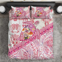 Hawaiian and Japanese Culture Together Bedding Set Tropical Honu with Japanese Elements Pink Color