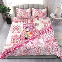 Hawaiian and Japanese Culture Together Bedding Set Tropical Honu with Japanese Elements Pink Color