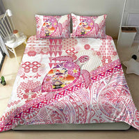 Hawaiian and Japanese Culture Together Bedding Set Tropical Honu with Japanese Elements Pink Color