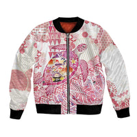 Hawaiian and Japanese Culture Together Bomber Jacket Tropical Honu with Japanese Elements Pink Color