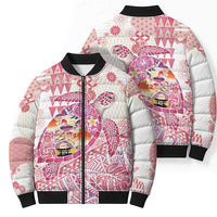 Hawaiian and Japanese Culture Together Bomber Puffer Jacket Tropical Honu with Japanese Elements Pink Color