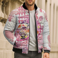 Hawaiian and Japanese Culture Together Bomber Puffer Jacket Tropical Honu with Japanese Elements Pink Color