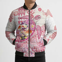 Hawaiian and Japanese Culture Together Bomber Puffer Jacket Tropical Honu with Japanese Elements Pink Color