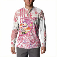 Hawaiian and Japanese Culture Together Button Sweatshirt Tropical Honu with Japanese Elements Pink Color