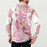 Hawaiian and Japanese Culture Together Button Sweatshirt Tropical Honu with Japanese Elements Pink Color