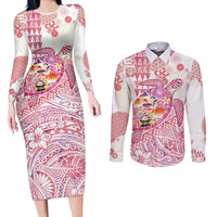 Hawaiian and Japanese Culture Together Couples Matching Long Sleeve Bodycon Dress and Long Sleeve Button Shirt Tropical Honu with Japanese Elements Pink Color