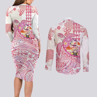 Hawaiian and Japanese Culture Together Couples Matching Long Sleeve Bodycon Dress and Long Sleeve Button Shirt Tropical Honu with Japanese Elements Pink Color