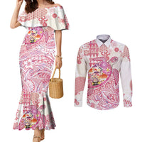 Hawaiian and Japanese Culture Together Couples Matching Mermaid Dress and Long Sleeve Button Shirt Tropical Honu with Japanese Elements Pink Color