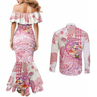 Hawaiian and Japanese Culture Together Couples Matching Mermaid Dress and Long Sleeve Button Shirt Tropical Honu with Japanese Elements Pink Color