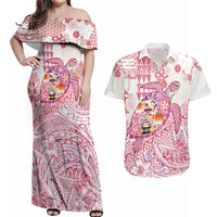 Hawaiian and Japanese Culture Together Couples Matching Off Shoulder Maxi Dress and Hawaiian Shirt Tropical Honu with Japanese Elements Pink Color
