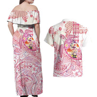 Hawaiian and Japanese Culture Together Couples Matching Off Shoulder Maxi Dress and Hawaiian Shirt Tropical Honu with Japanese Elements Pink Color