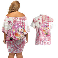 Hawaiian and Japanese Culture Together Couples Matching Off Shoulder Short Dress and Hawaiian Shirt Tropical Honu with Japanese Elements Pink Color