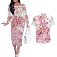 Hawaiian and Japanese Culture Together Couples Matching Off The Shoulder Long Sleeve Dress and Hawaiian Shirt Tropical Honu with Japanese Elements Pink Color