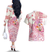 Hawaiian and Japanese Culture Together Couples Matching Off The Shoulder Long Sleeve Dress and Hawaiian Shirt Tropical Honu with Japanese Elements Pink Color