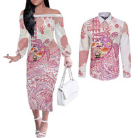 Hawaiian and Japanese Culture Together Couples Matching Off The Shoulder Long Sleeve Dress and Long Sleeve Button Shirt Tropical Honu with Japanese Elements Pink Color