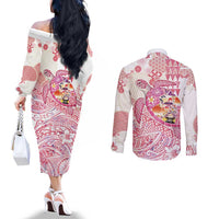 Hawaiian and Japanese Culture Together Couples Matching Off The Shoulder Long Sleeve Dress and Long Sleeve Button Shirt Tropical Honu with Japanese Elements Pink Color