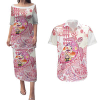 Hawaiian and Japanese Culture Together Couples Matching Puletasi and Hawaiian Shirt Tropical Honu with Japanese Elements Pink Color