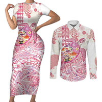 Hawaiian and Japanese Culture Together Couples Matching Short Sleeve Bodycon Dress and Long Sleeve Button Shirt Tropical Honu with Japanese Elements Pink Color