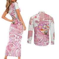 Hawaiian and Japanese Culture Together Couples Matching Short Sleeve Bodycon Dress and Long Sleeve Button Shirt Tropical Honu with Japanese Elements Pink Color
