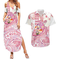Hawaiian and Japanese Culture Together Couples Matching Summer Maxi Dress and Hawaiian Shirt Tropical Honu with Japanese Elements Pink Color