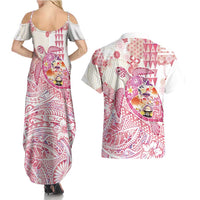 Hawaiian and Japanese Culture Together Couples Matching Summer Maxi Dress and Hawaiian Shirt Tropical Honu with Japanese Elements Pink Color