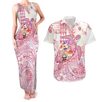 Hawaiian and Japanese Culture Together Couples Matching Tank Maxi Dress and Hawaiian Shirt Tropical Honu with Japanese Elements Pink Color
