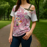 Hawaiian and Japanese Culture Together Cross Shoulder Shirt Tropical Honu with Japanese Elements Pink Color