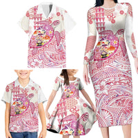 Hawaiian and Japanese Culture Together Family Matching Long Sleeve Bodycon Dress and Hawaiian Shirt Tropical Honu with Japanese Elements Pink Color
