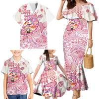 Hawaiian and Japanese Culture Together Family Matching Mermaid Dress and Hawaiian Shirt Tropical Honu with Japanese Elements Pink Color