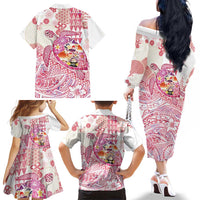 Hawaiian and Japanese Culture Together Family Matching Off The Shoulder Long Sleeve Dress and Hawaiian Shirt Tropical Honu with Japanese Elements Pink Color