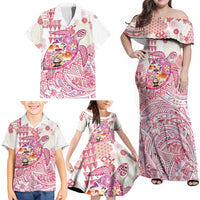 Hawaiian and Japanese Culture Together Family Matching Off Shoulder Maxi Dress and Hawaiian Shirt Tropical Honu with Japanese Elements Pink Color
