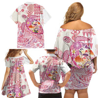 Hawaiian and Japanese Culture Together Family Matching Off Shoulder Short Dress and Hawaiian Shirt Tropical Honu with Japanese Elements Pink Color